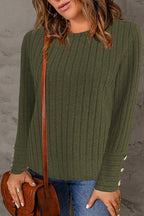 Women's Fine Knit Pullover with Ribbed Texture and Button Details