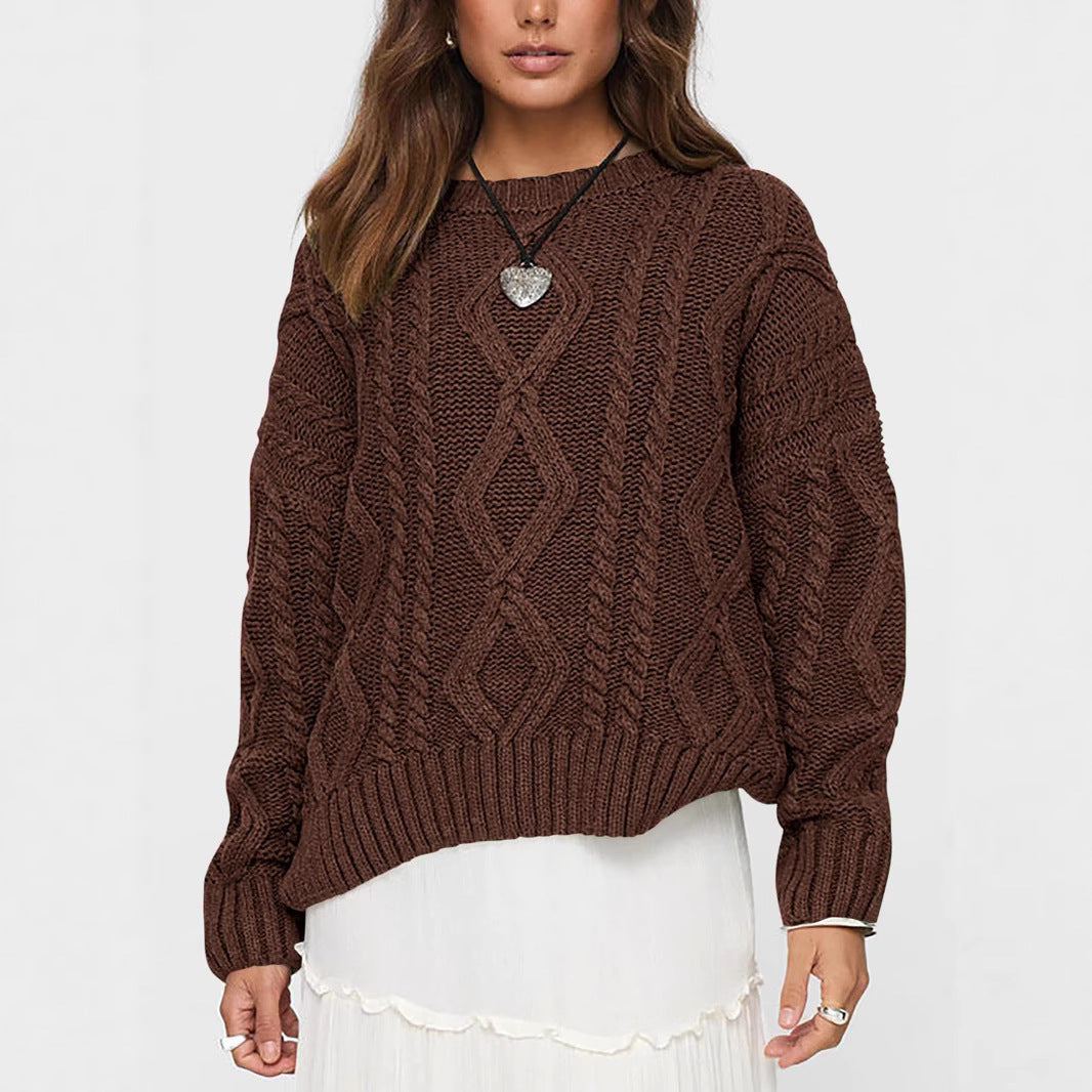 Women's Chunky Knit Sweater with Wave Pattern and Wide Cut