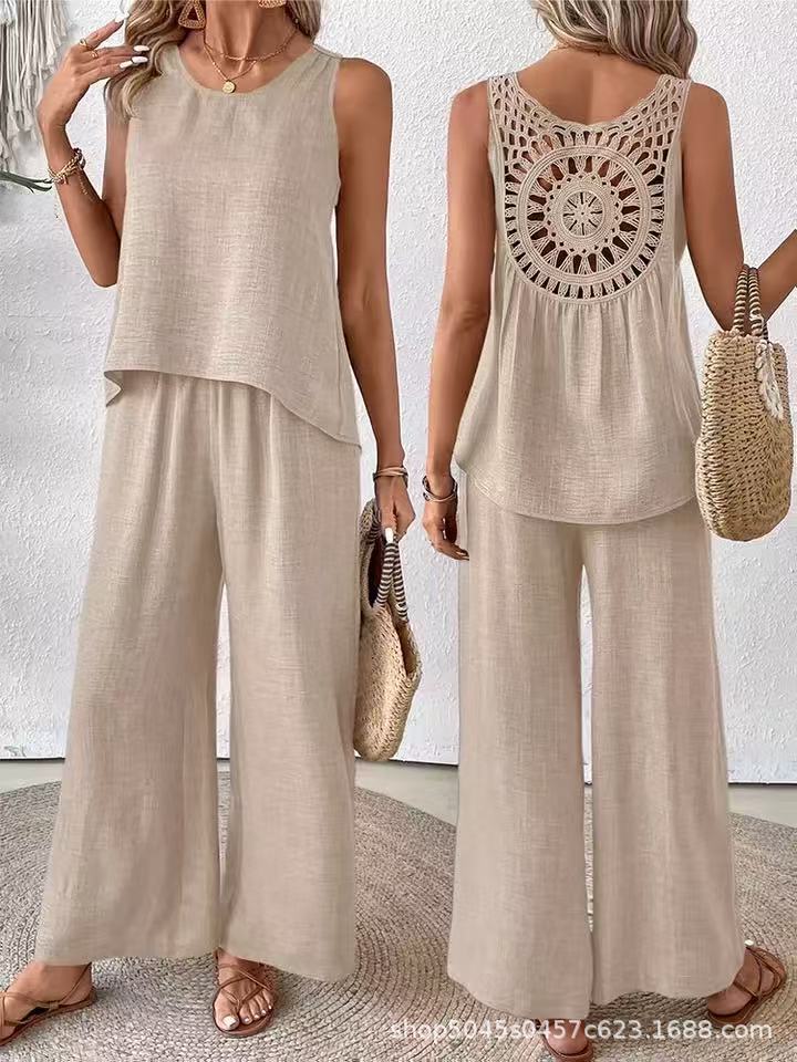 Women's Fashionable Two-Piece Set with Wide-Leg Pants and Sleeveless Top