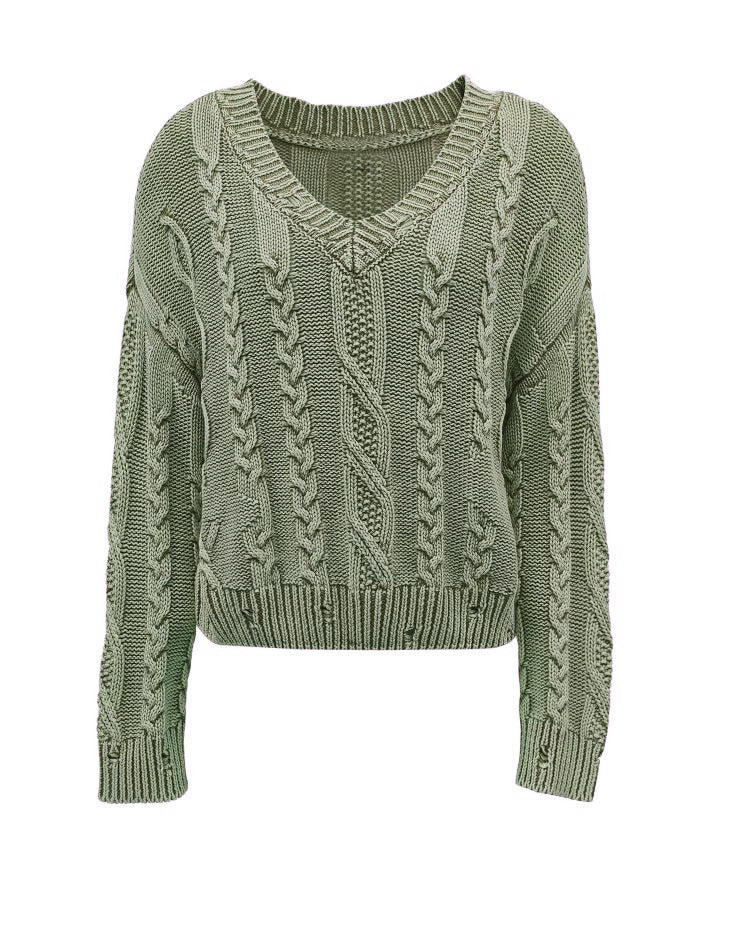 Women's Chunky Knit Sweater with V-Neck and Voluminous Sleeves