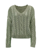 Women's Chunky Knit Sweater with V-Neck and Voluminous Sleeves