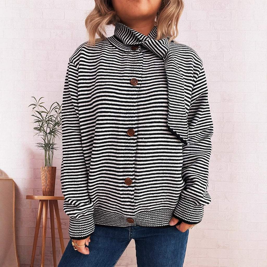 Striped Cardigan with Modern Collar and Button Closure