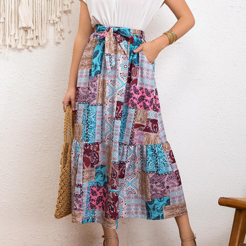 Women's Maxi Skirt with Colorful Patchwork Design and Waist Belt
