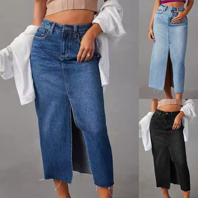 Women's Casual Denim Skirt with Side Slit and Frayed Hem