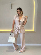 Women's Casual Oversized Shirt with Tie Belt and Wide-Leg Pants
