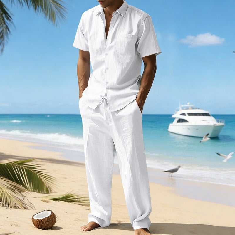 Men's resort-appropriate short-sleeve shirt with chest pocket and casual linen drawstring pants
