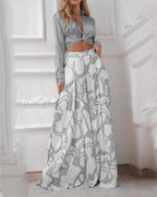 Women's Elegant Long-Sleeve Wrap Top and Maxi Skirt