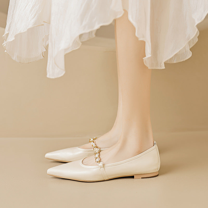 Women's Leather Ballet Flats with Chain Detail