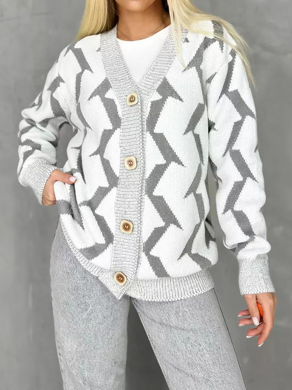 Women's Cozy Knit Cardigan with Modern Lightning Design and Button Closure