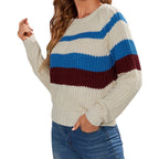 Women's Cotton Pullover with Modern Block Stripes and Crew Neck