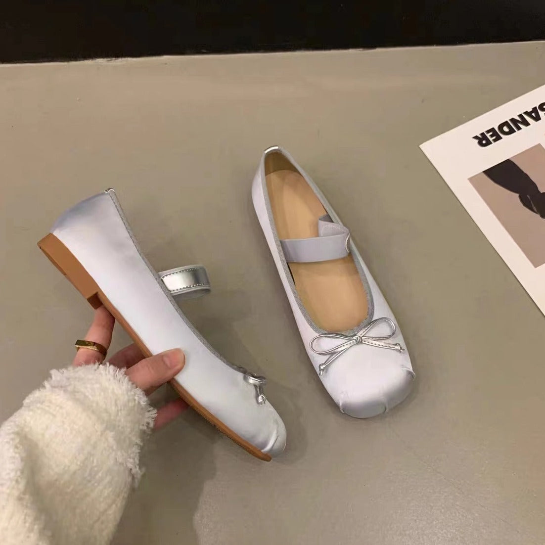 Women's Ballet Flats with Adjustable Strap and Elegant Bow Appliqué
