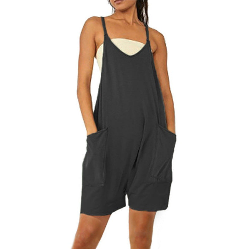Women's Casual Jumpsuit with Deep Neckline and Practical Pockets