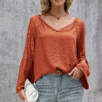 Women's Blouse with Sheer Lace Sleeves and V-Neck