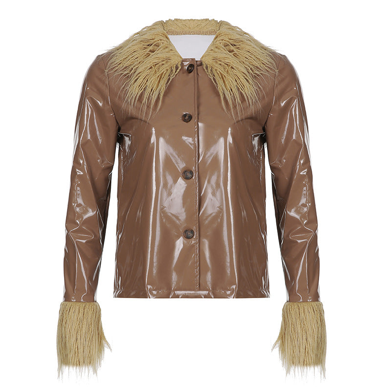 Women's Fashionable Patent Coat with Cozy Faux Fur Collar