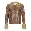 Women's Fashionable Patent Coat with Cozy Faux Fur Collar