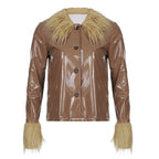 Women's Fashionable Patent Coat with Cozy Faux Fur Collar