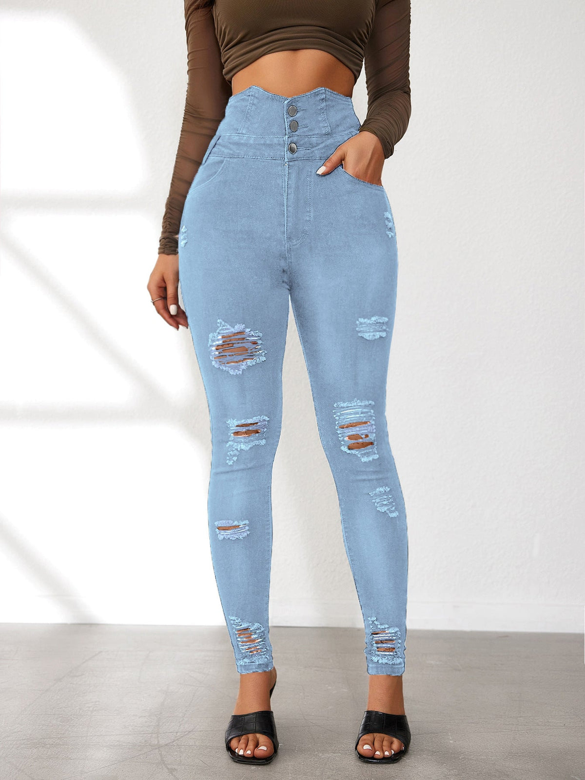High-Waist Jeans with Distressed Details
