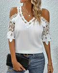 Women's Blouse with Sheer Lace Sleeves and V-Neck