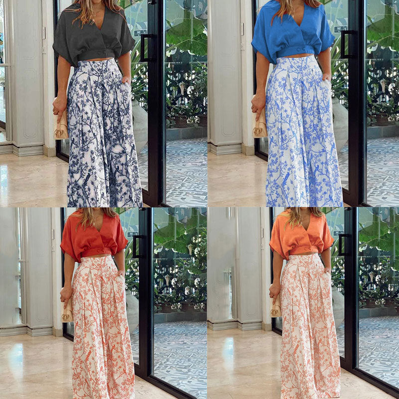 Women's Crop Top Set with Wide Skirt and Floral Pattern