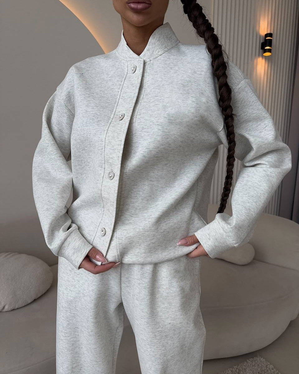 Elegant and Comfortable Leisure Set with Button Placket and Wide Cut