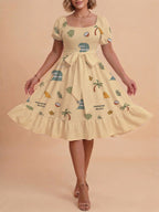 Women's A-Line Dress with Floral Motifs and Adjustable Belt
