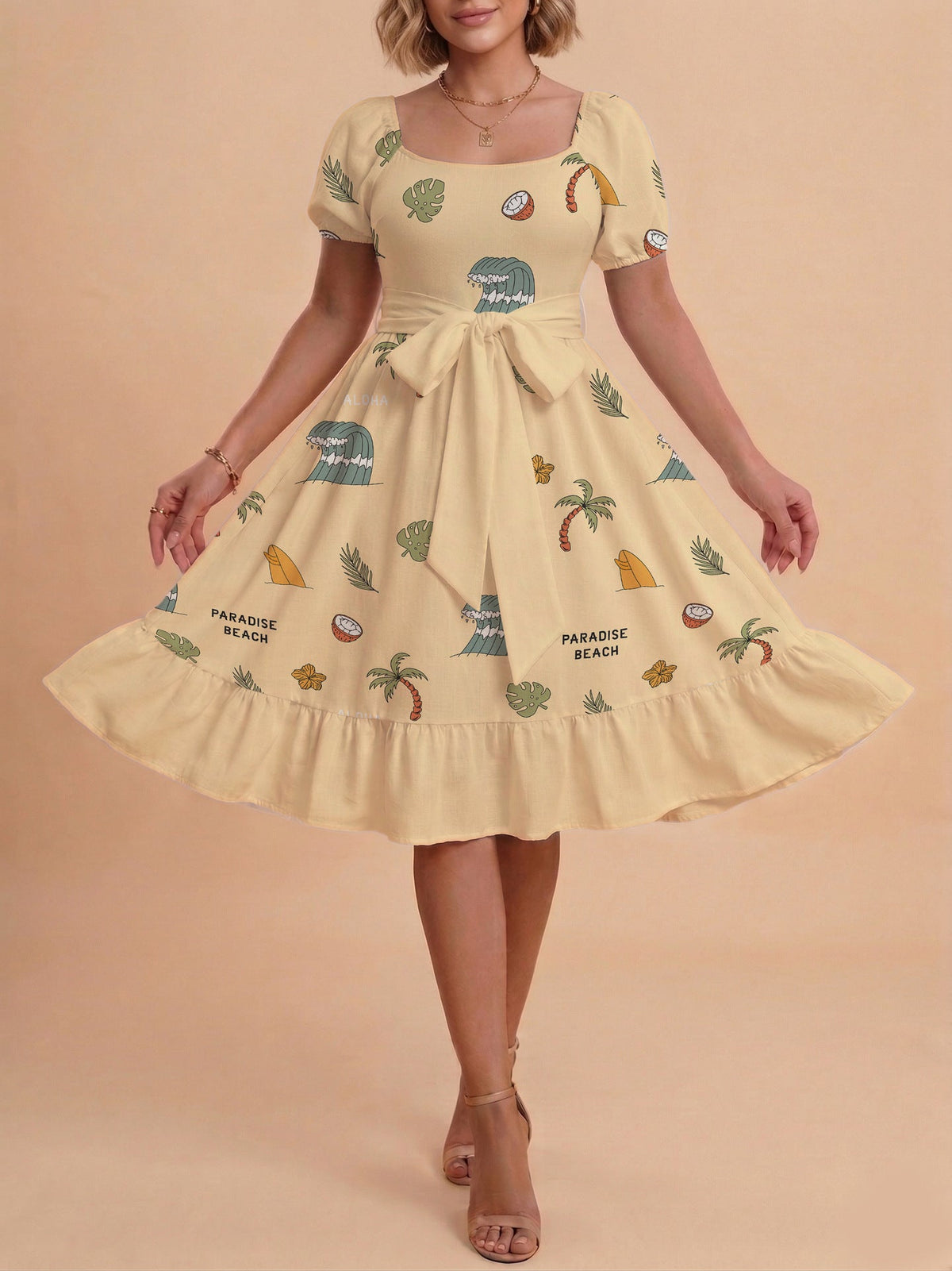 Women's A-Line Dress with Floral Motifs and Adjustable Belt