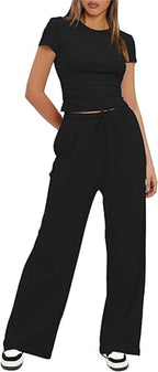 Casual Two-Piece Set with Cropped Top and Wide-Leg Pants