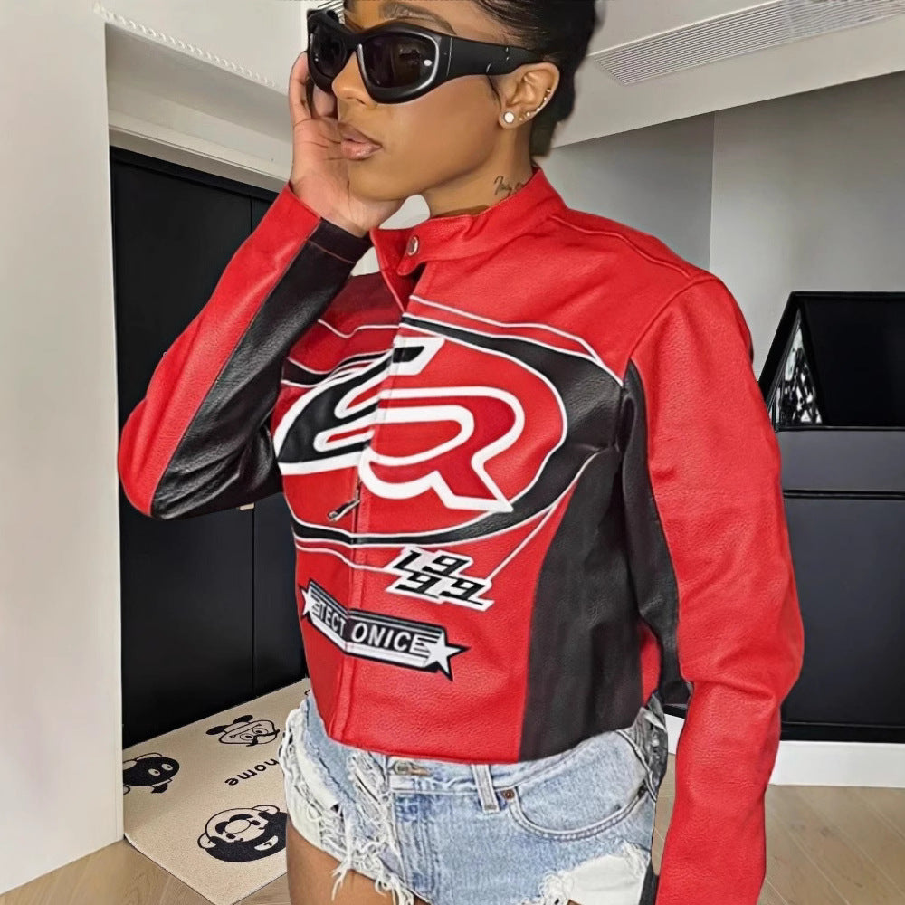 Women's Cropped Faux Leather Jacket with Contrast Details