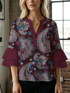 Women's Blouse with Voluminous Flutter Sleeves and Leaf Print