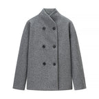 Elegant Women's Winter Jacket with Double-Breasted Button Front and Stand-Up Collar