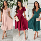 Women's A-Line Dress with Puff Sleeves and V-Neck