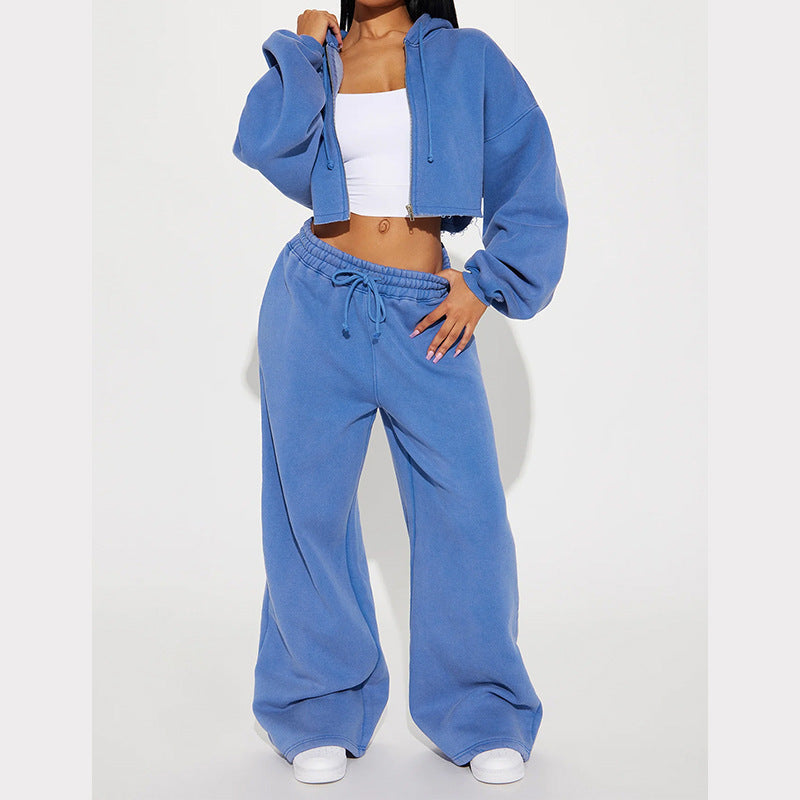 Women's Fleece Hooded Crop Top and Wide-Leg Jogger Lounge Set