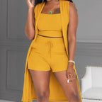 Women's Casual 3-Piece Set: Crop Top, Shorts, and Long Cardigan