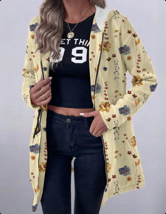 Women's Floral Print Coat with Hood and Full-Length Zipper