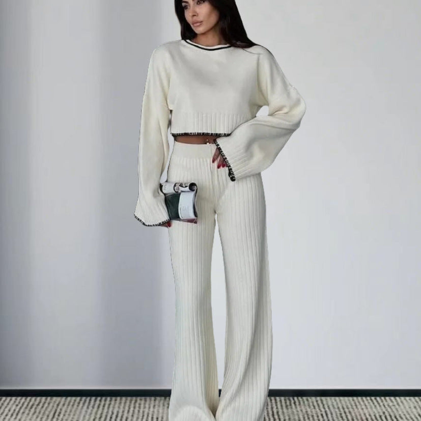Elegant Knit Suit with Wide-Leg Trousers