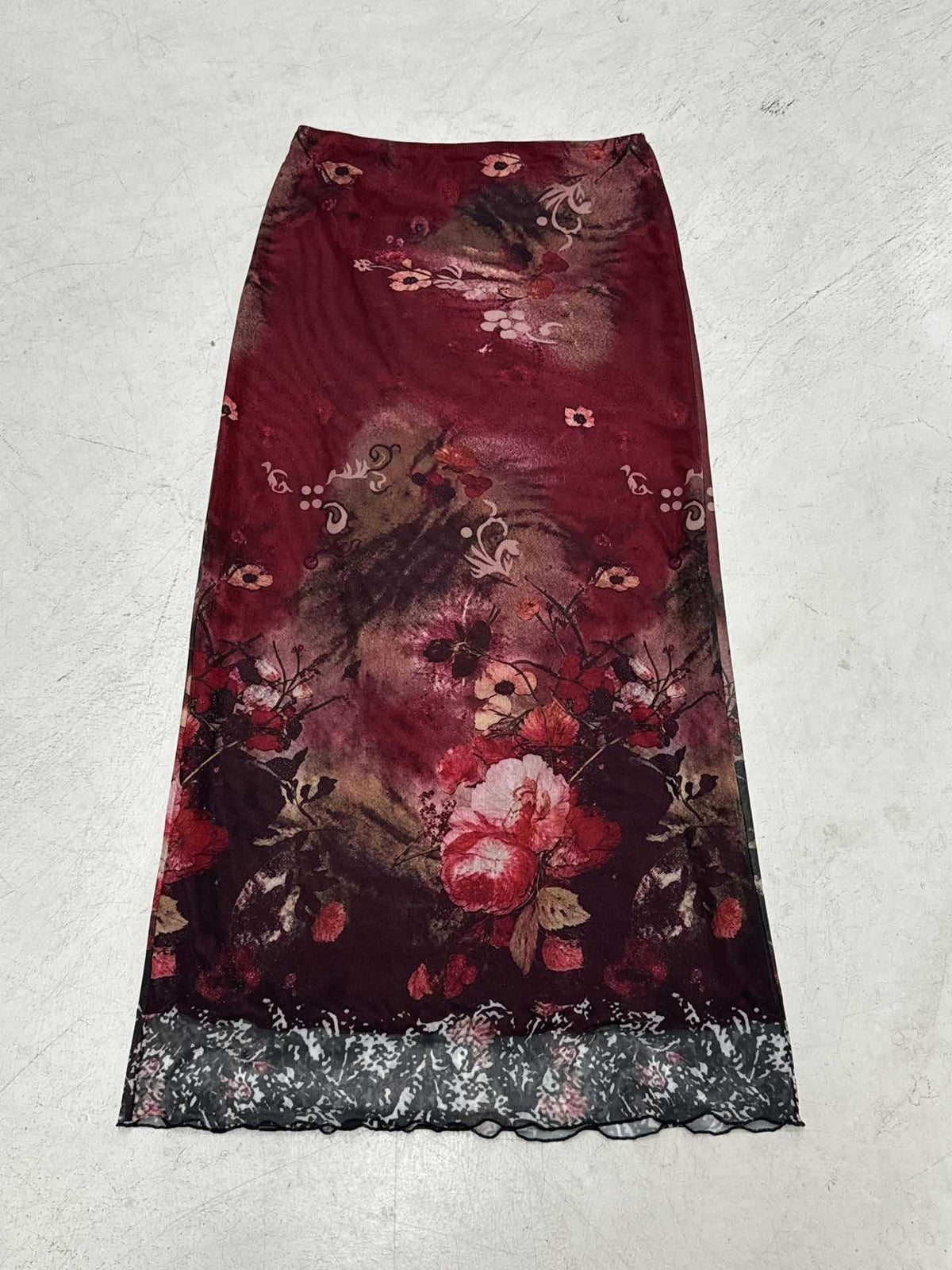 Women's Long Satin-Chiffon Maxi Skirt with Floral Watercolor Print