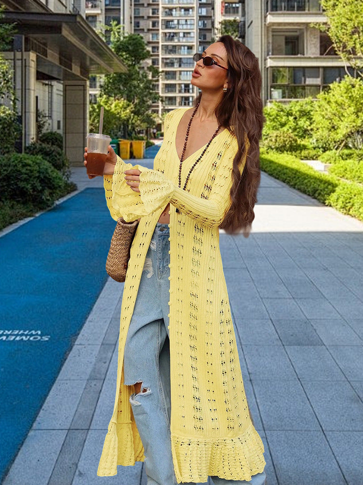 Women's Large Knit Cardigan with Open Mesh Structure and Wide Sleeves