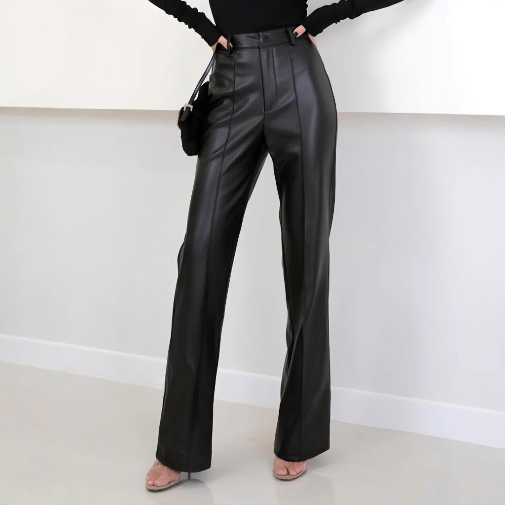 Women's Elegant High-Waist Faux Leather Wide-Leg Trousers