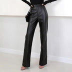 Women's Elegant High-Waist Faux Leather Wide-Leg Trousers