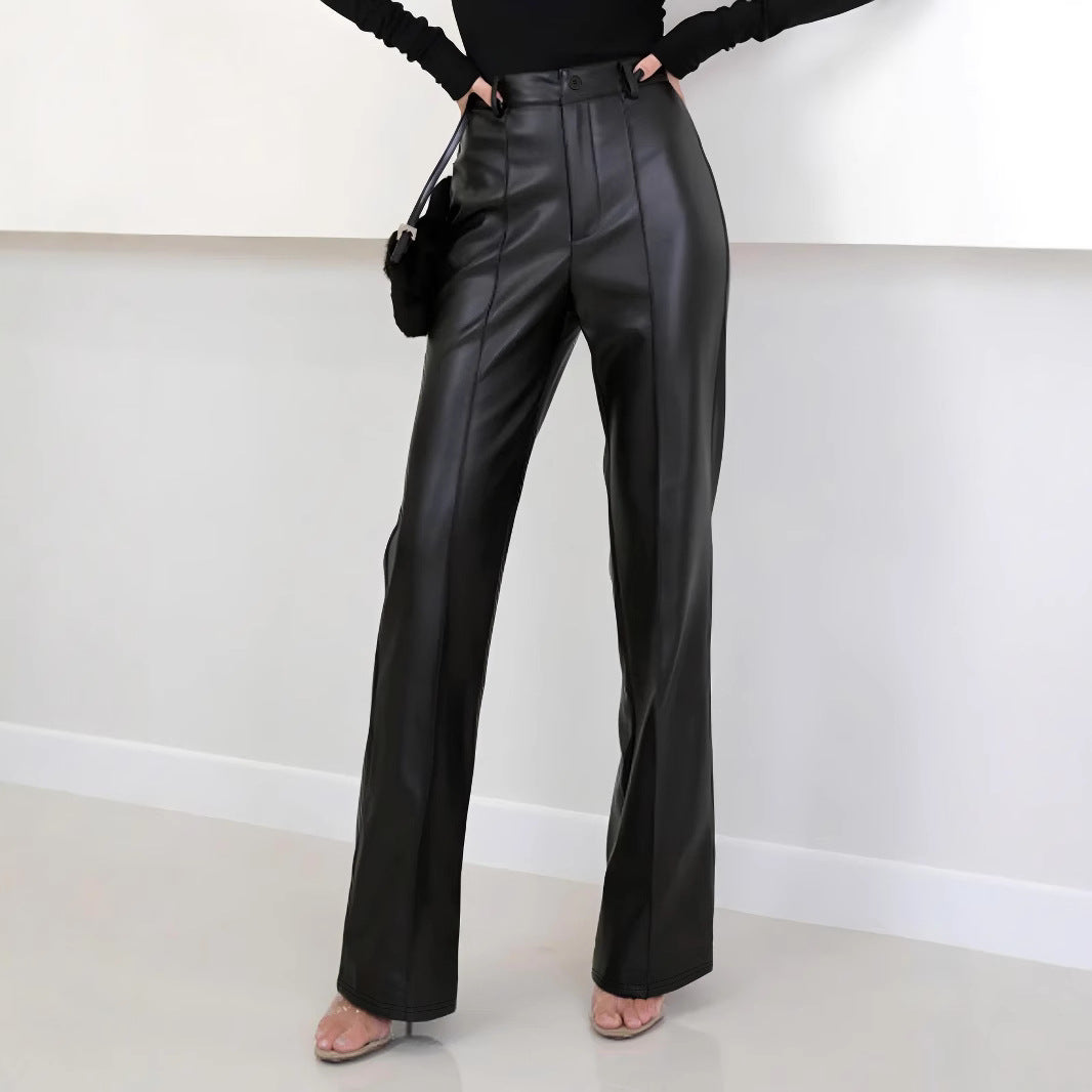 Women's Elegant High-Waist Faux Leather Wide-Leg Trousers