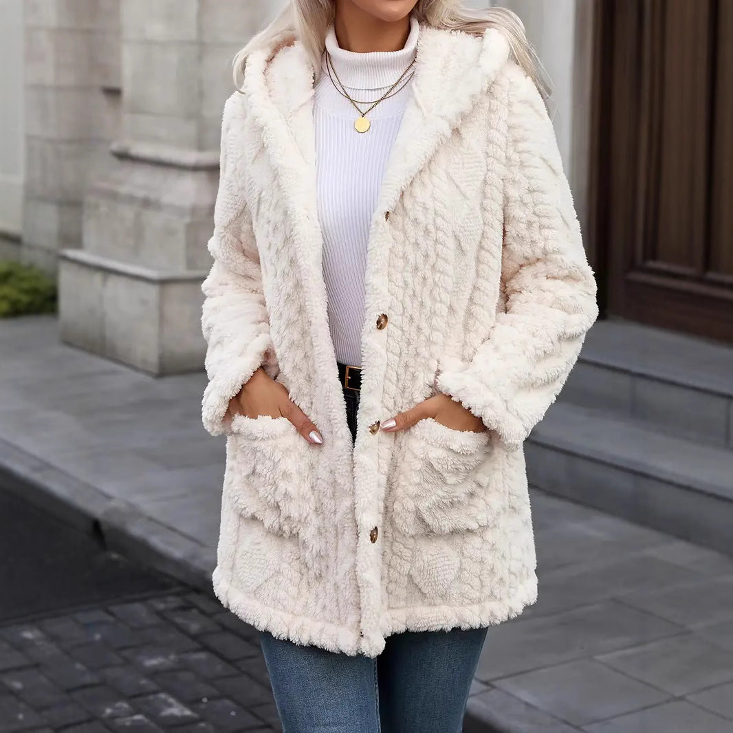 Women's Soft Plush Jacket with Hood and Pockets