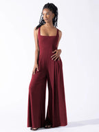 Elegant Jersey Jumpsuit with Wide Legs and Deep Neckline