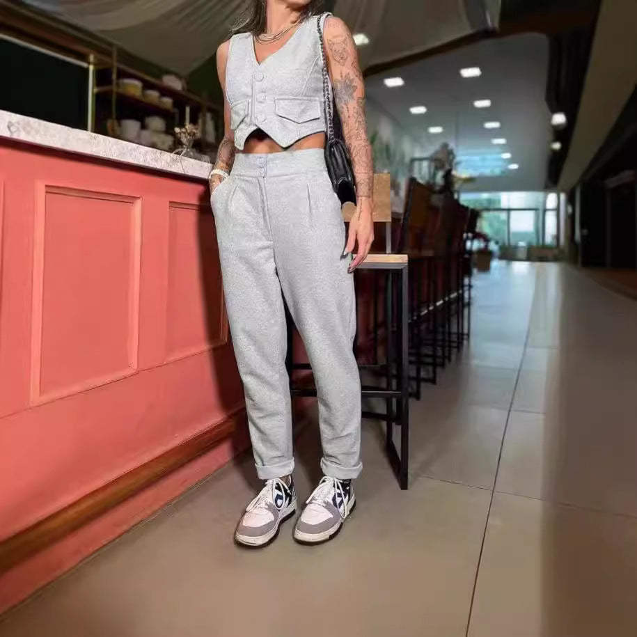Women's Comfortable Lounge Set with Button Details and Wide Legs