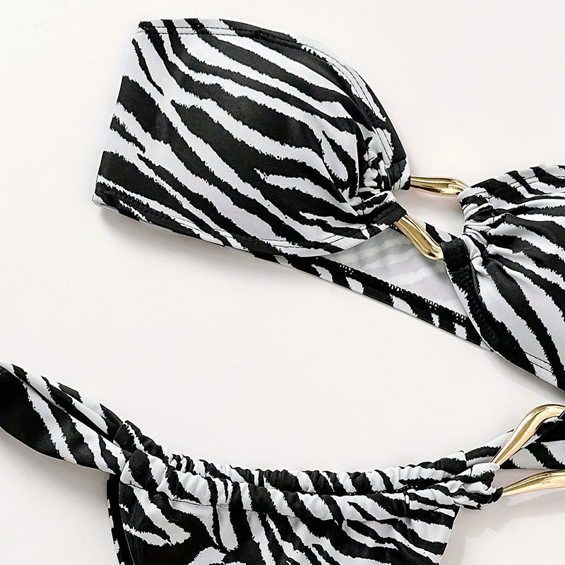 Women's Bandeau Bikini with High-Quality Gold Detail and Elastic Cut