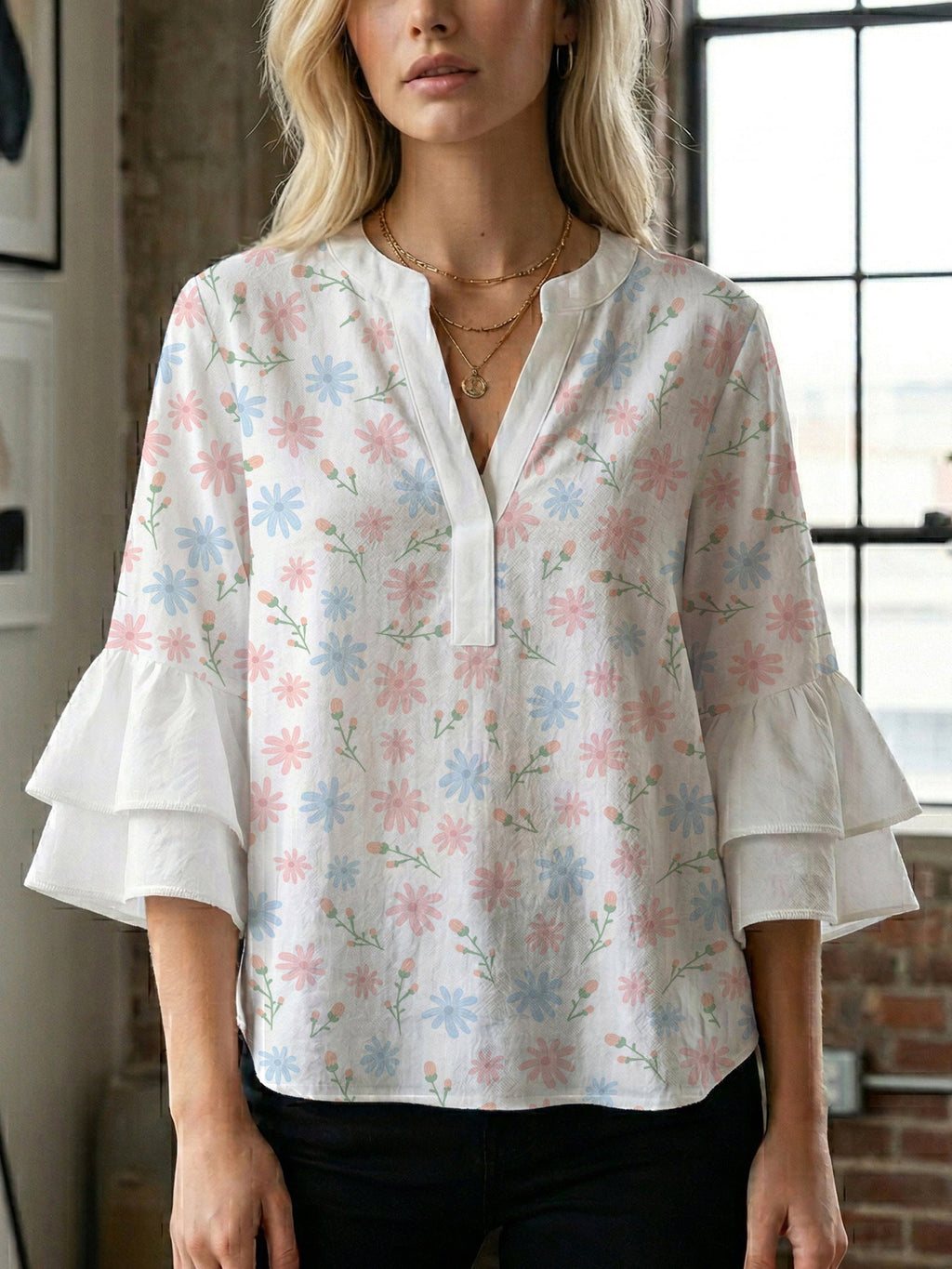Women's Blouse with Voluminous Flutter Sleeves and Leaf Print