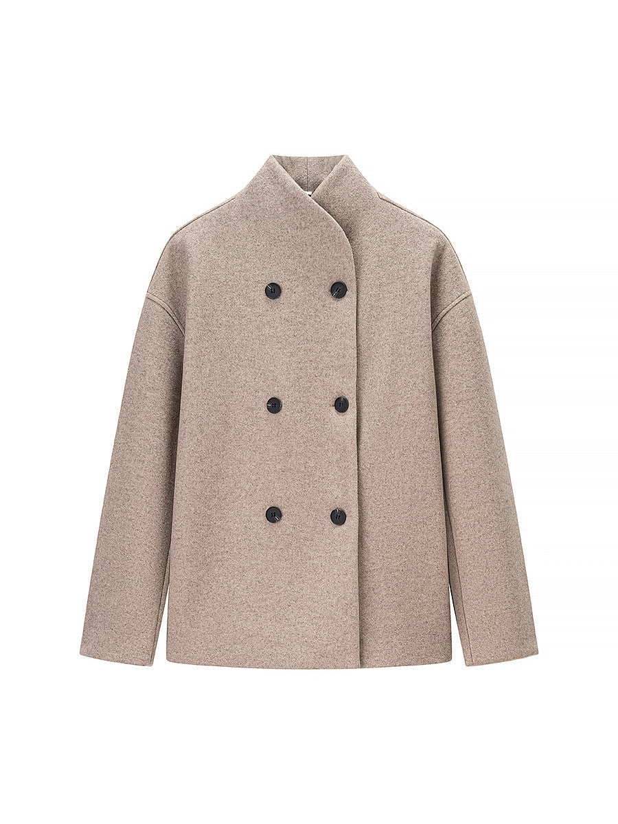 Elegant Women's Winter Jacket with Double-Breasted Button Front and Stand-Up Collar