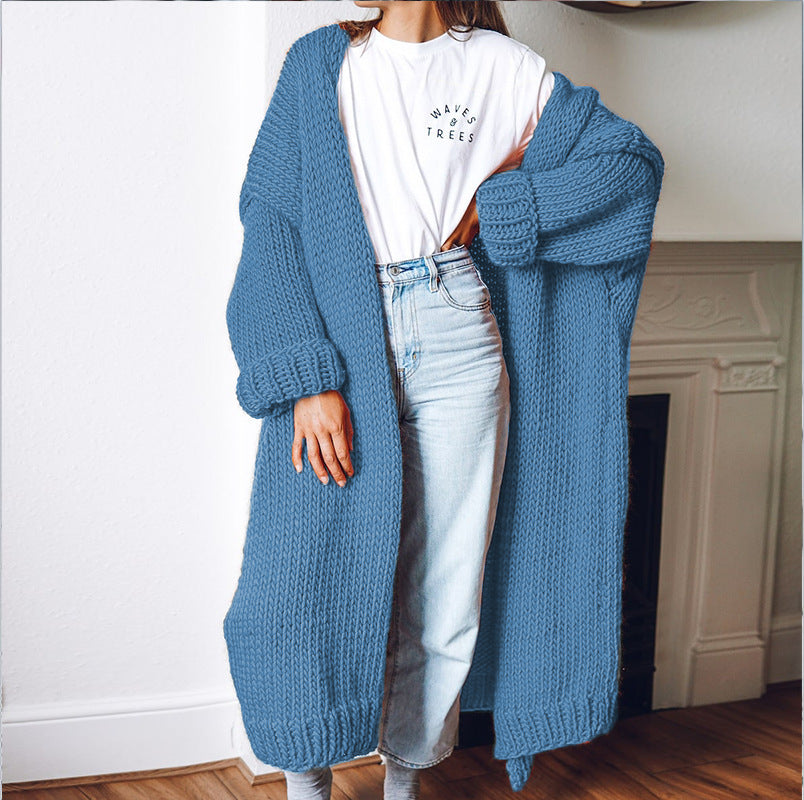 Women's Chunky Knit Coat with Voluminous Sleeves and Relaxed Fit