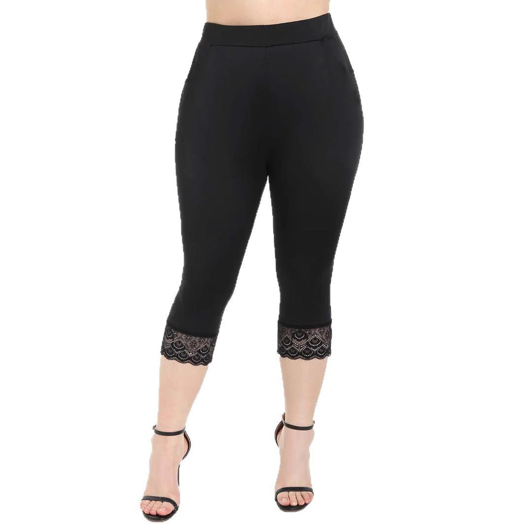 Women's Form-Fitting 3/4 Leggings with Elegant Lace Trim