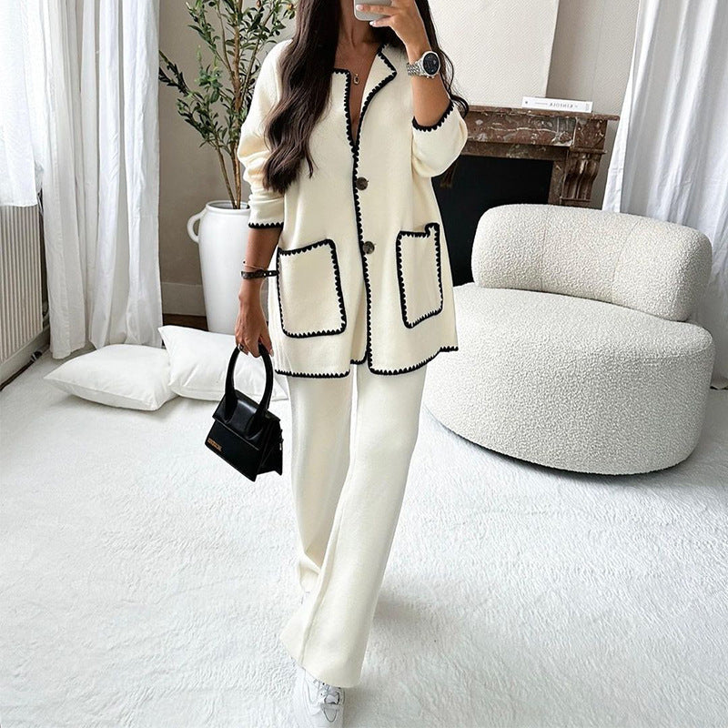 Women's Fashionable Cardigan Suit with Contrast Stitching