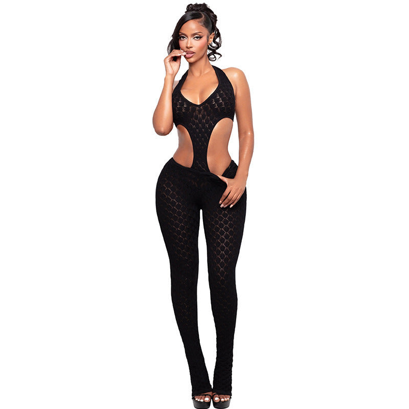 Women's Cut-Out Bodycon Jumpsuit with Deep V-Neck and Crochet Texture